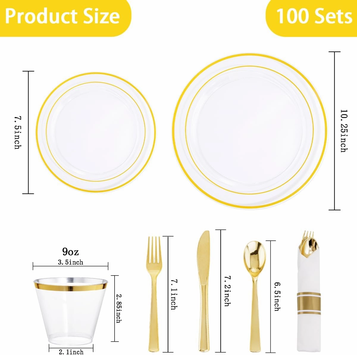 DaYammi 350PCS Clear Gold Plastic Dinnerware Set for 50 Guests, Fancy Disposable Plates for Party, Include: 50 Dinner Plates, 50 Dessert Plates, 50 Pre Rolled Napkins with Gold Silverware, 50 Cups