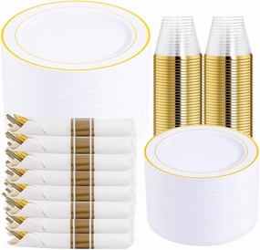 DaYammi 350PCS Gold Plastic Dinnerware Set for 50 Guests, Fancy Disposable Plates for Party, Include: 50 Dinner Plates, 50 Dessert Plates, 50 Pre Rolled Napkins with Gold Silverware, 50 Cups