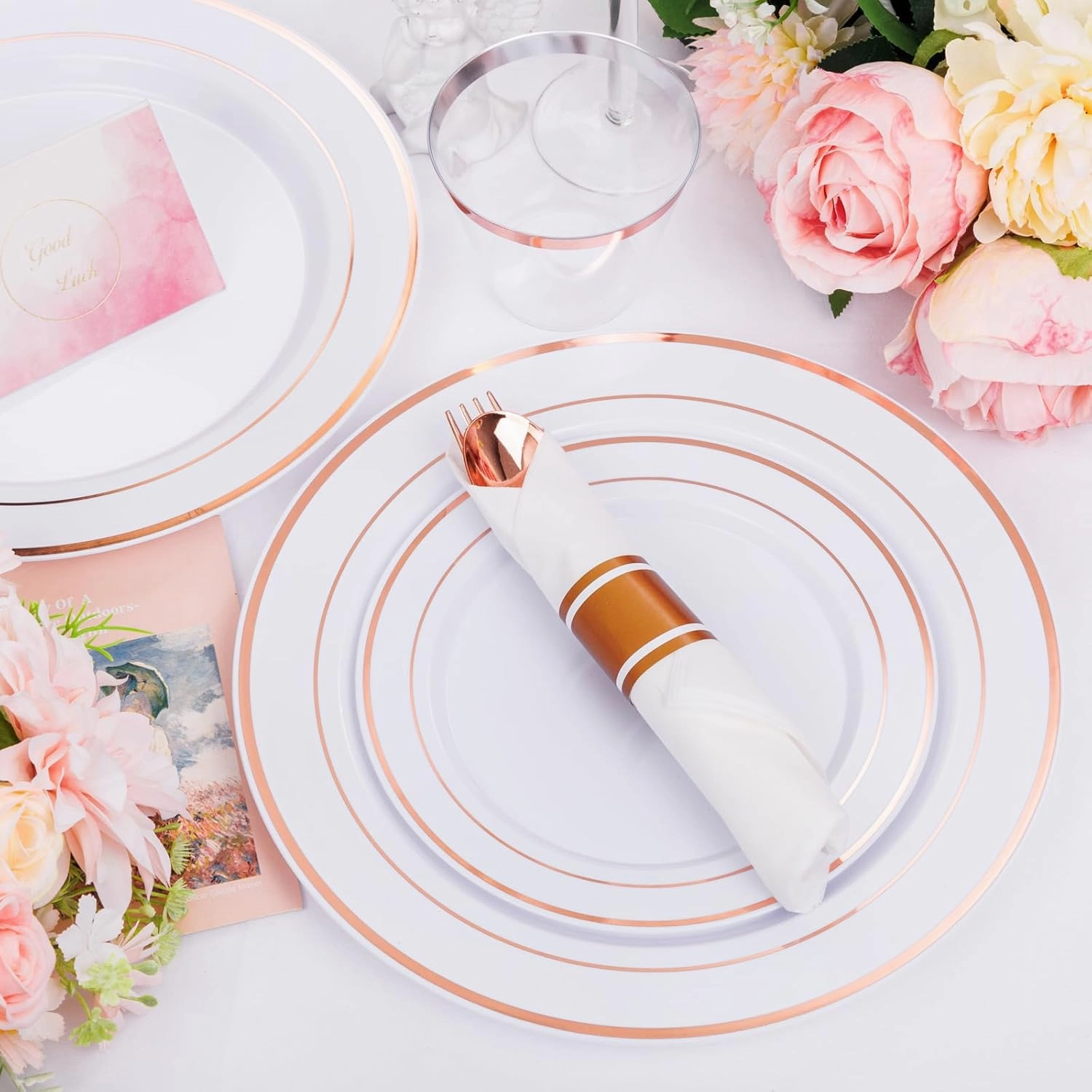 DaYammi 350PCS Rose Gold Plastic Dinnerware Set for 50 Guests, Plastic Plates for Party Include: 50 Dinner Plates, 50 Dessert plates,50 Pre Rolled Napkins with Rose Gold Silverware,50 Cups for Wedding