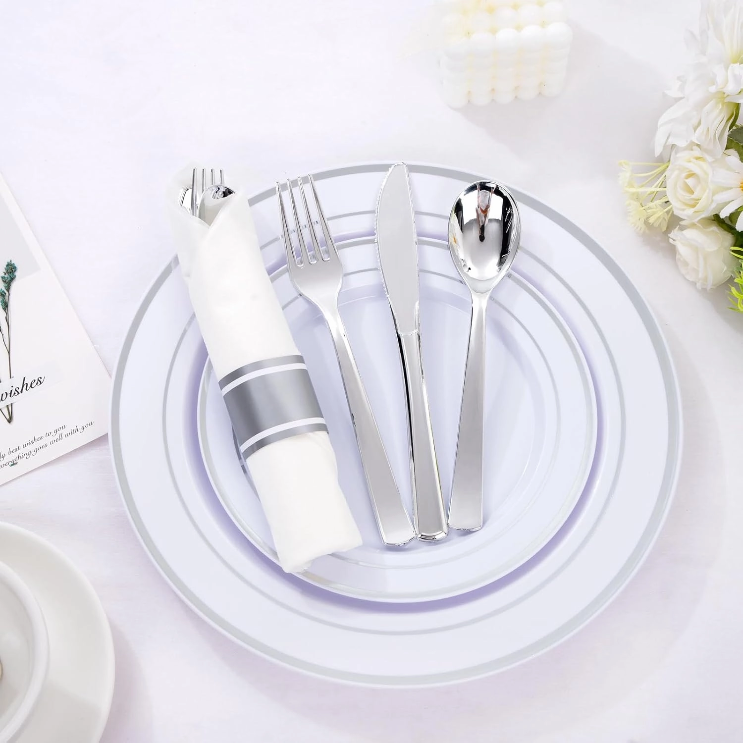 DaYammi 350PCS Silver Plastic Dinnerware Set for 50 Guests, Fancy Disposable Plates for Party, Include: 50 Dinner Plates, 50 Dessert Plates, 50 Pre Rolled Napkins with Silver Silverware, 50 Cups