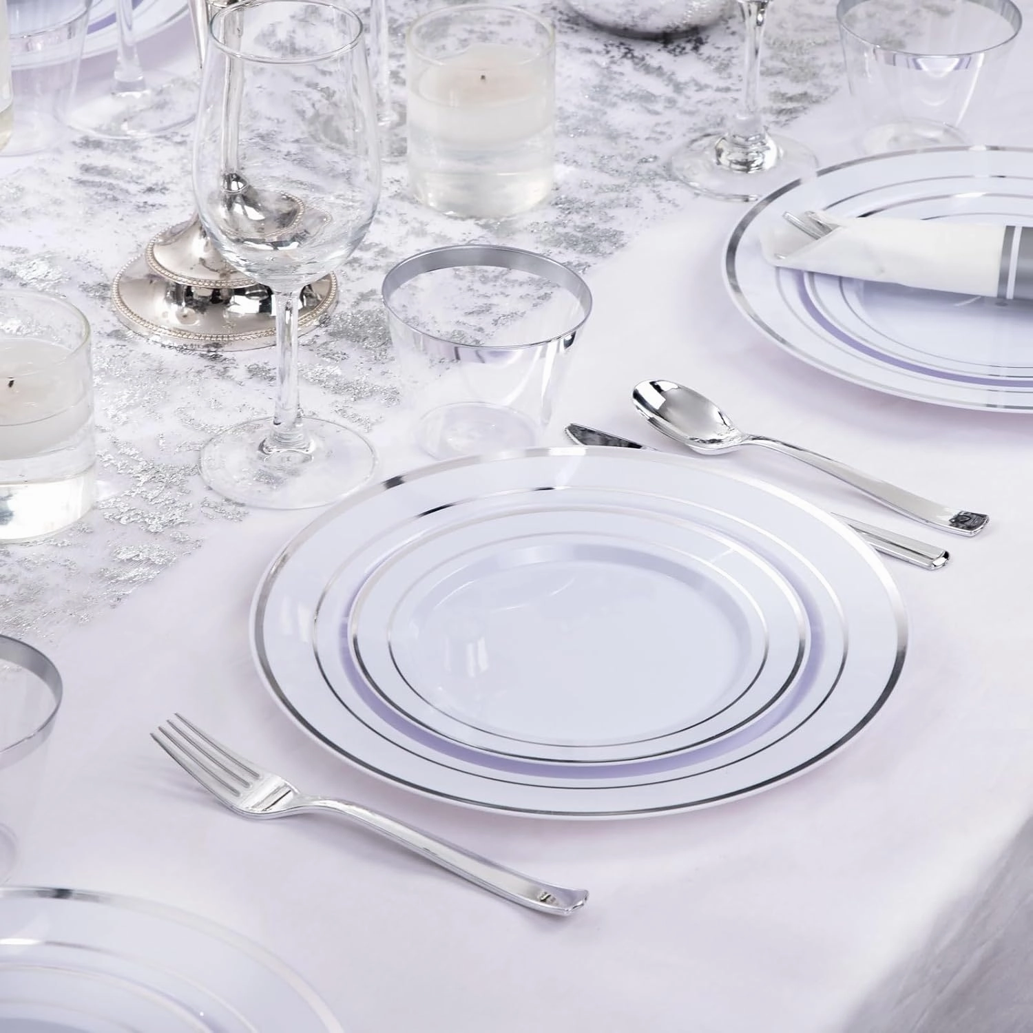 DaYammi 350PCS Silver Plastic Dinnerware Set for 50 Guests, Fancy Disposable Plates for Party, Include: 50 Dinner Plates, 50 Dessert Plates, 50 Pre Rolled Napkins with Silver Silverware, 50 Cups