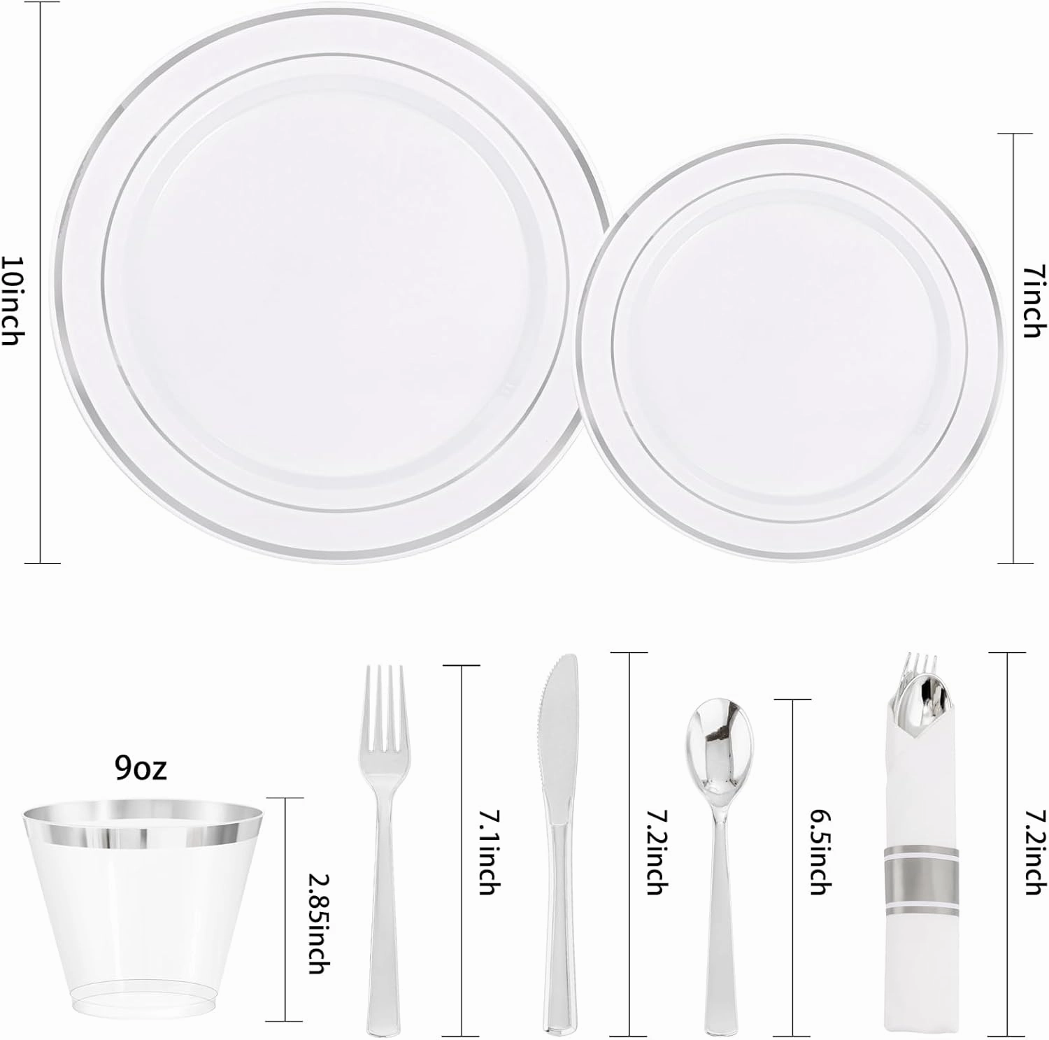 DaYammi 350PCS Silver Plastic Dinnerware Set for 50 Guests, Fancy Disposable Plates for Party, Include: 50 Dinner Plates, 50 Dessert Plates, 50 Pre Rolled Napkins with Silver Silverware, 50 Cups