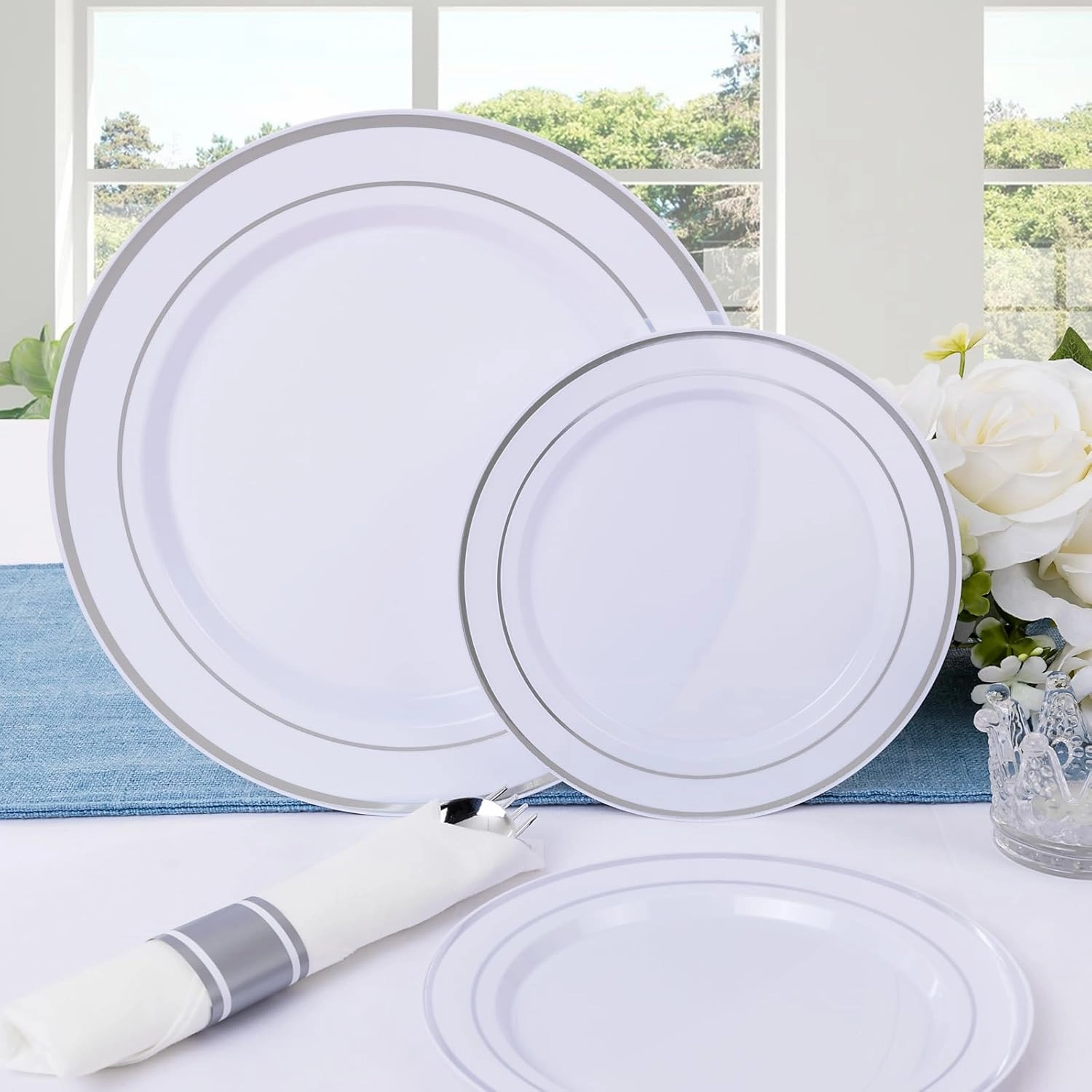 DaYammi 350PCS Silver Plastic Dinnerware Set for 50 Guests, Fancy Disposable Plates for Party, Include: 50 Dinner Plates, 50 Dessert Plates, 50 Pre Rolled Napkins with Silver Silverware, 50 Cups