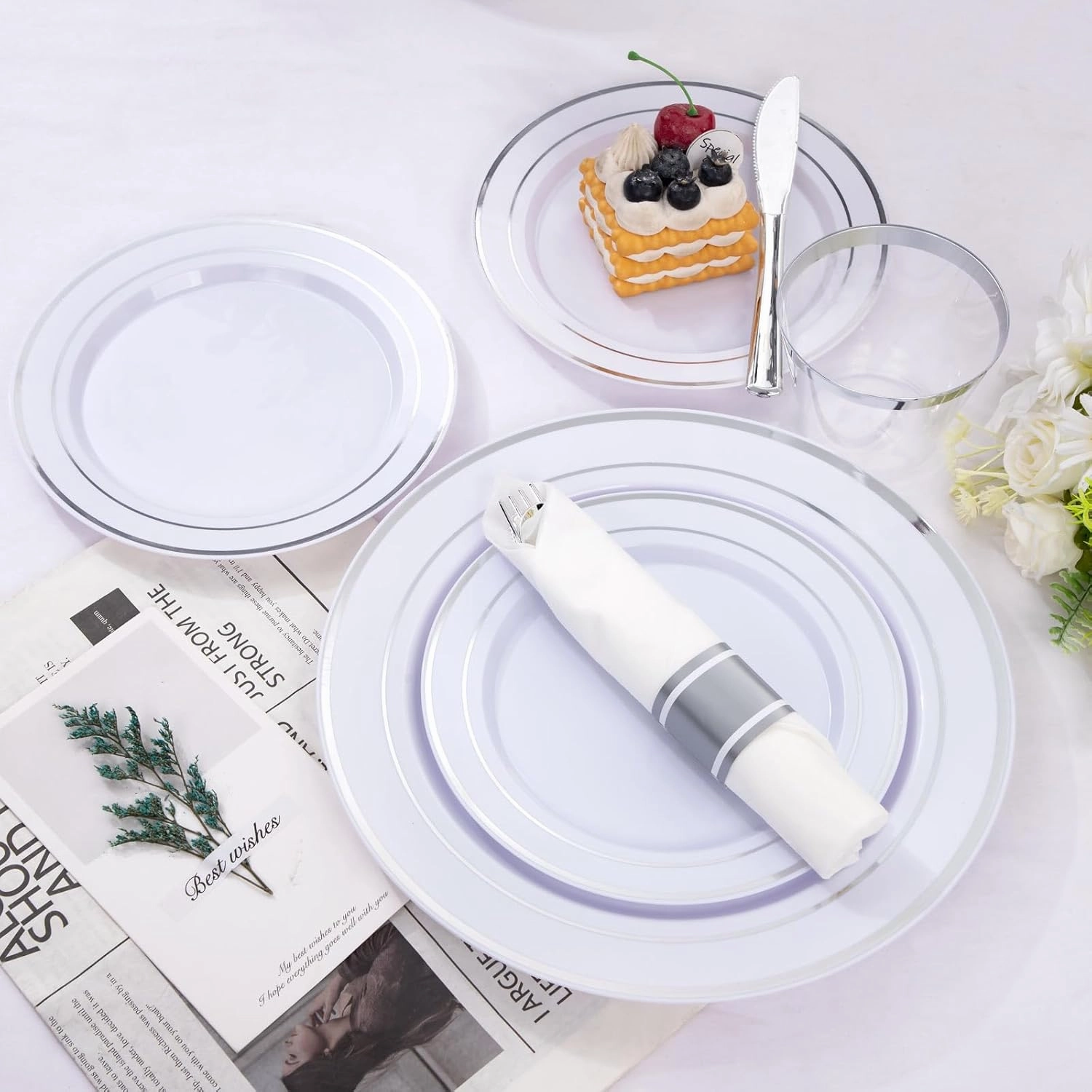 DaYammi 350PCS Silver Plastic Dinnerware Set for 50 Guests, Fancy Disposable Plates for Party, Include: 50 Dinner Plates, 50 Dessert Plates, 50 Pre Rolled Napkins with Silver Silverware, 50 Cups