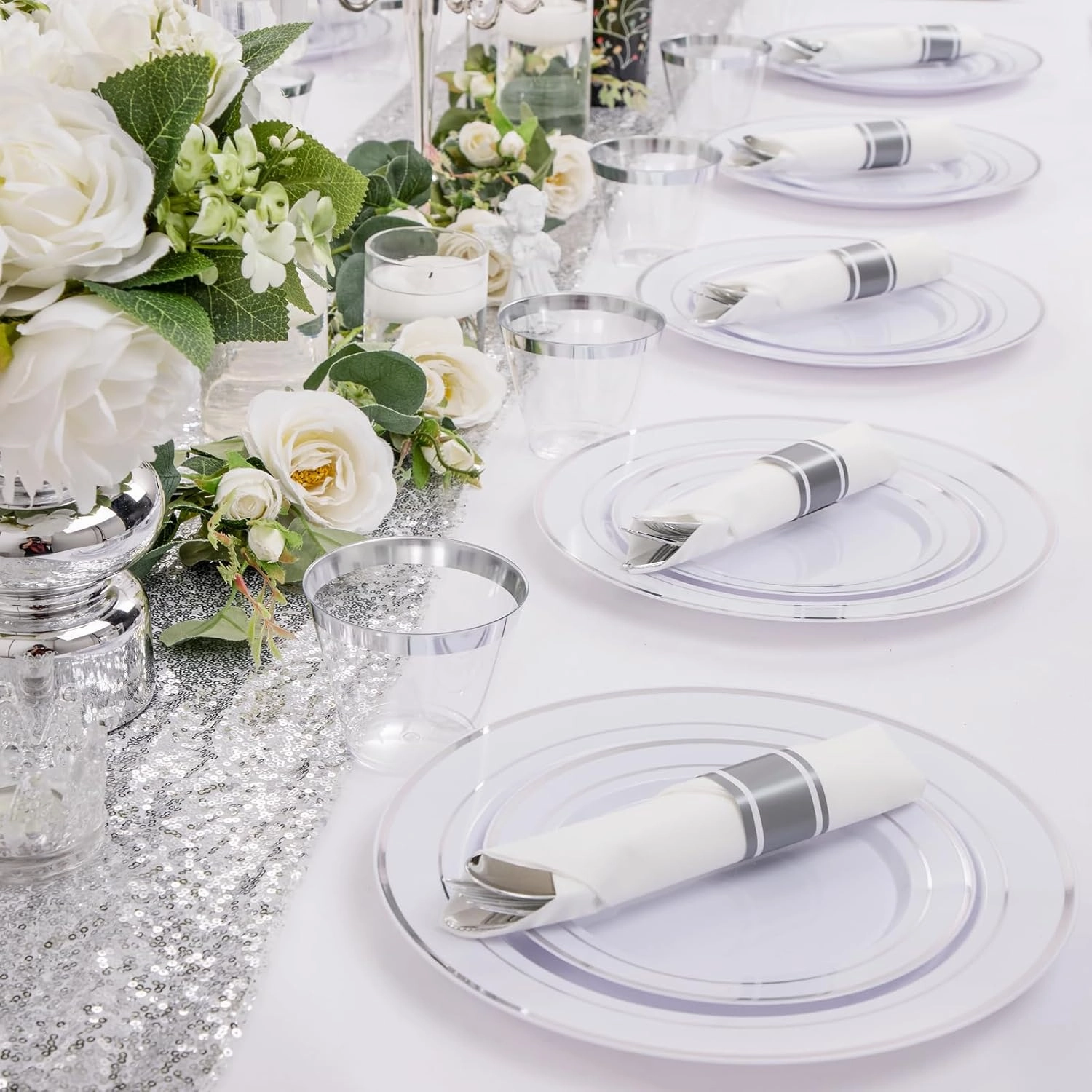 DaYammi 350PCS Silver Plastic Dinnerware Set for 50 Guests, Fancy Disposable Plates for Party, Include: 50 Dinner Plates, 50 Dessert Plates, 50 Pre Rolled Napkins with Silver Silverware, 50 Cups