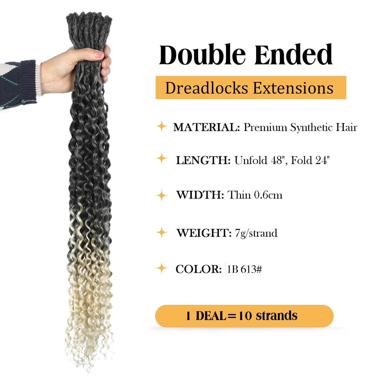 DE Dreadlock Extensions Ombre Blonde Synthetic Wavy Double Ended Dreads 10 Strands Handmade Crochet Dreads Soft Loc Extensions for Women Men 24 inches 1B613