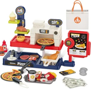 deAO Pretend Play Store Pizza Play Set for Kids, Realistic Pizza Pie Pretend Play Food,Slice and Serve Plastic Kitchen Cooking and Cutting Playset (Red)