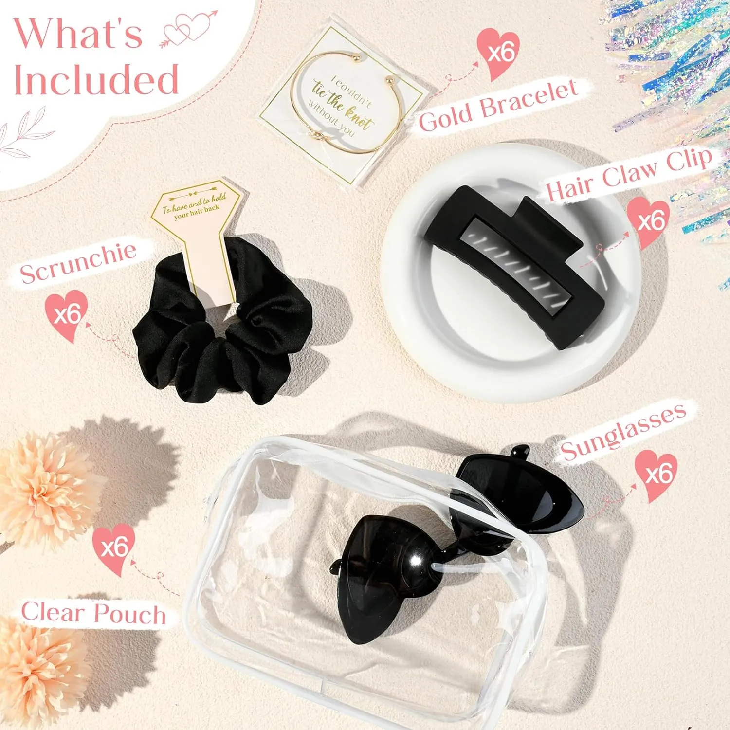 DEEKA 30 Pcs Bridesmaid Proposal Bag Set Gift Clear Makeup Toiletry Bag Bachelorette Party Favors Sunglasses Hair Claw Clips Scrunchies Knot Bracelets Bridal Wedding Party Gifts (Black)