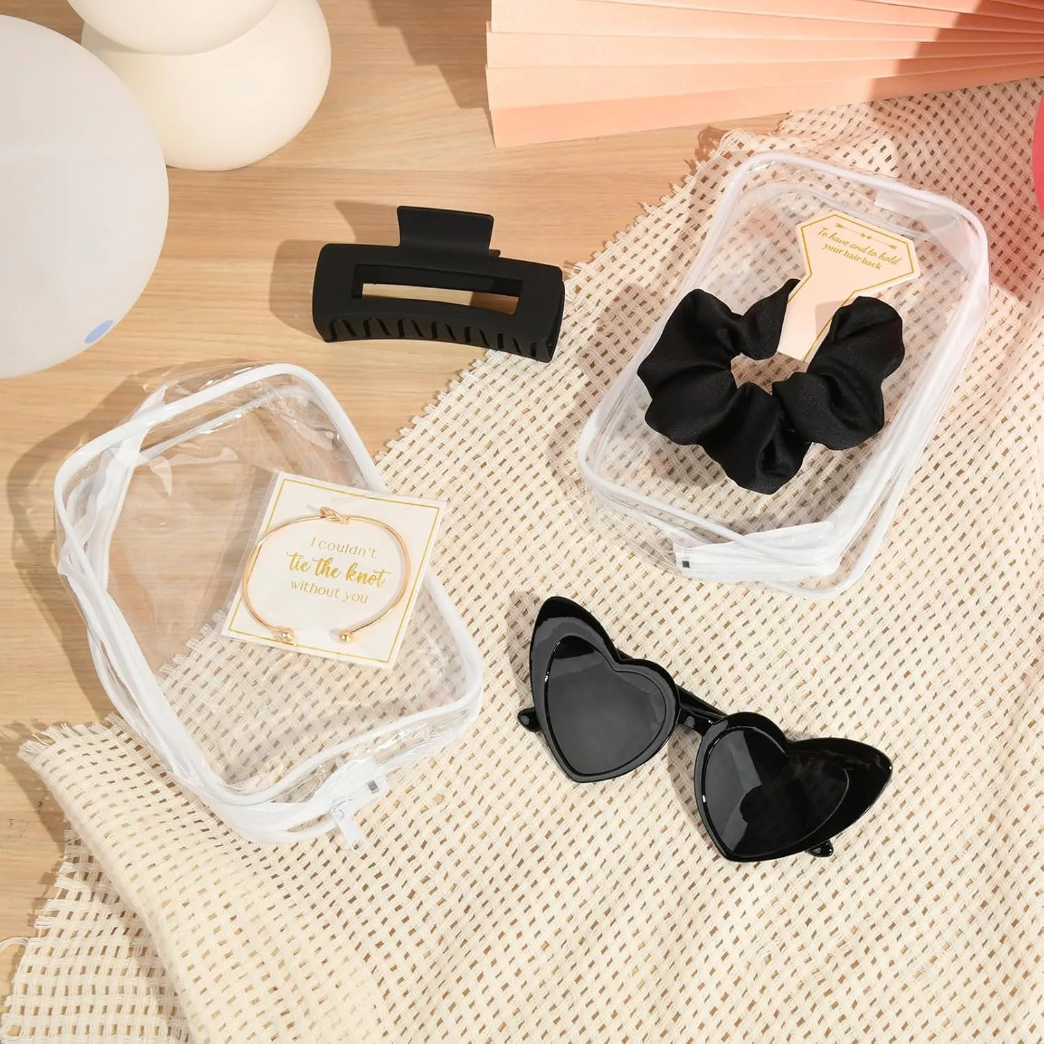DEEKA 30 Pcs Bridesmaid Proposal Bag Set Gift Clear Makeup Toiletry Bag Bachelorette Party Favors Sunglasses Hair Claw Clips Scrunchies Knot Bracelets Bridal Wedding Party Gifts (Black)