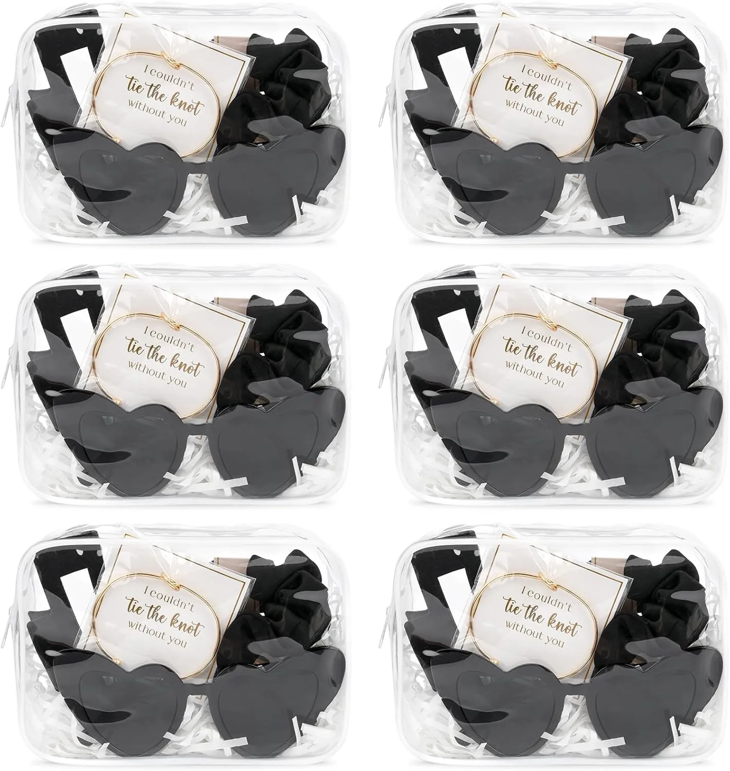 DEEKA 30 Pcs Bridesmaid Proposal Bag Set Gift Clear Makeup Toiletry Bag Bachelorette Party Favors Sunglasses Hair Claw Clips Scrunchies Knot Bracelets Bridal Wedding Party Gifts (Black)
