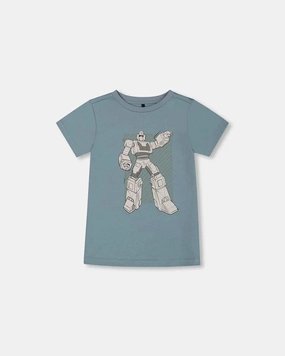 Deux Par Deux Organic Cotton Graphic Tee - Grayish Teal And Robot