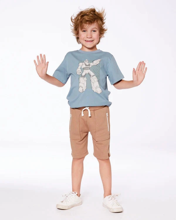 Deux Par Deux Organic Cotton Graphic Tee - Grayish Teal And Robot