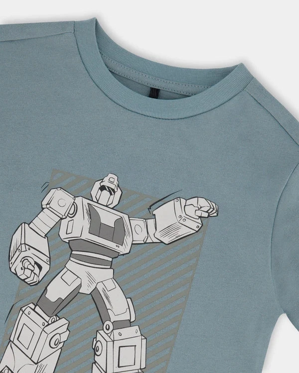 Deux Par Deux Organic Cotton Graphic Tee - Grayish Teal And Robot