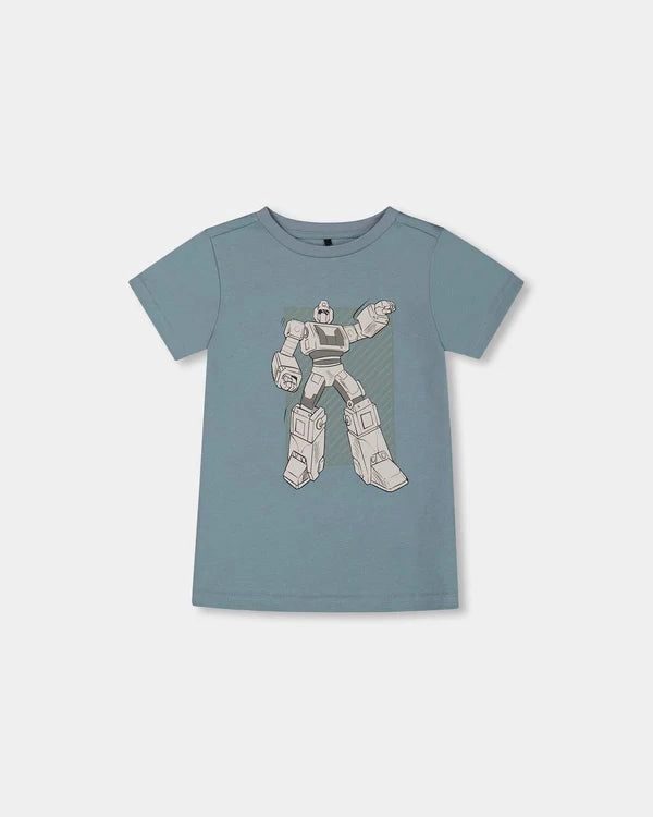 Deux Par Deux Organic Cotton Graphic Tee - Grayish Teal And Robot