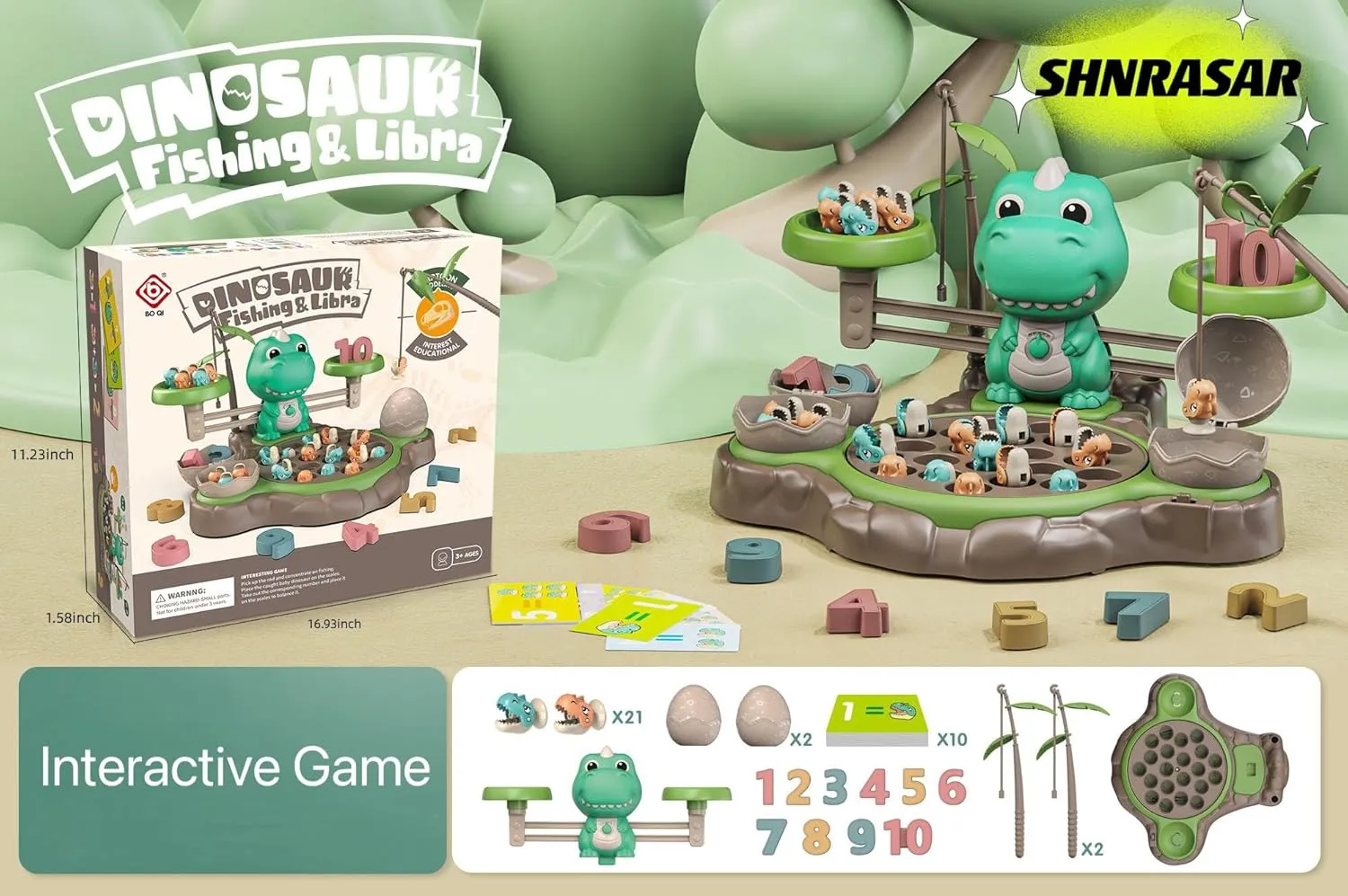 Dinosaur Fishing Game Toy Pole and Rod Fish Board Rotating with Music Fine Motor Skill Training Birthday Gifts for Children Kids Toddlers Boys Girls 3 