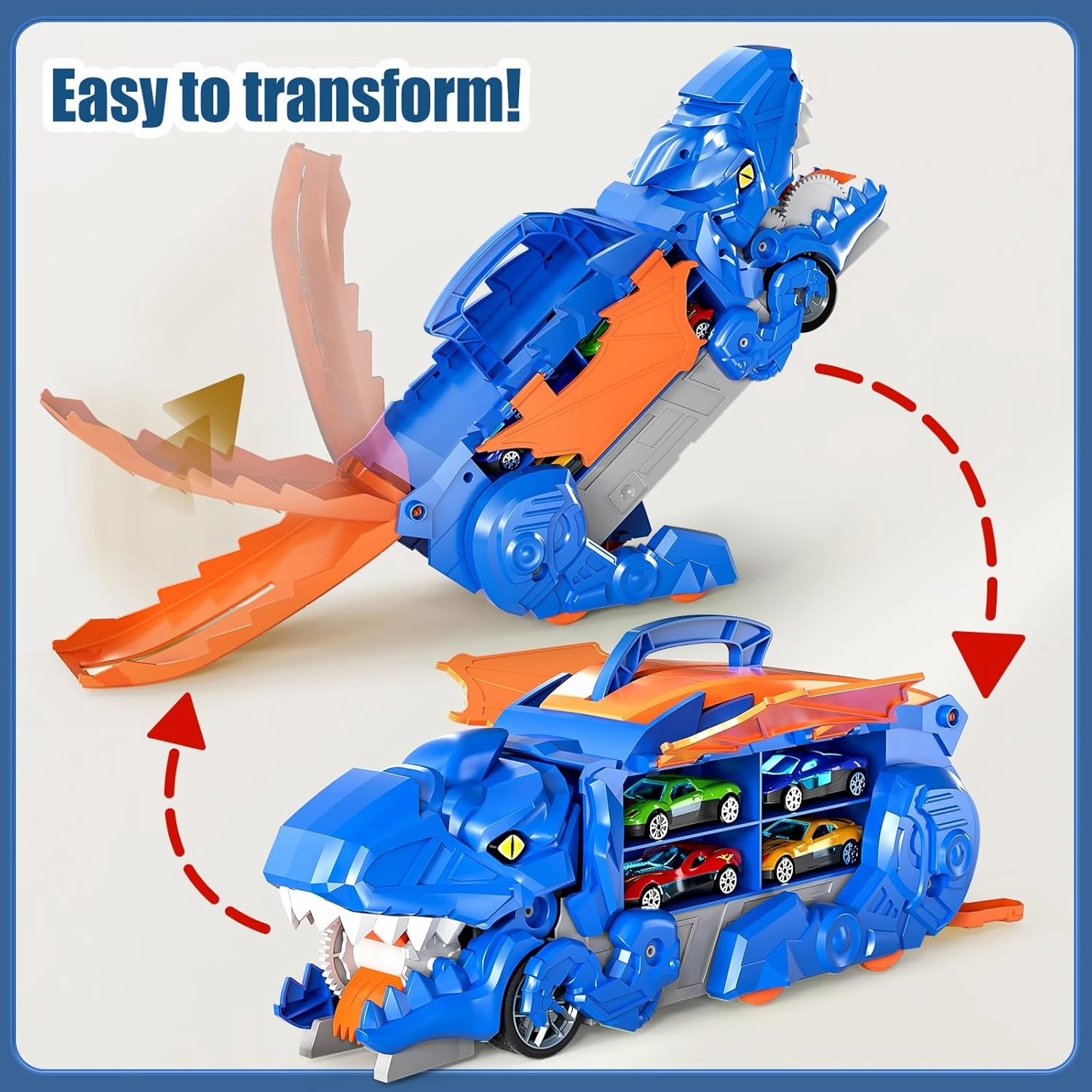 Dinosaur Planet Toddler Truck Toys for 3 4 5 6 Years Old Boys, Cars Track Set Dinosaur Transporter Truck with 10 Die-Cast Car Toys, Transforms into Dino with Wings and Handle for Kids
