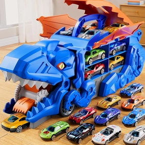 Dinosaur Planet Toddler Truck Toys for 3 4 5 6 Years Old Boys, Cars Track Set Dinosaur Transporter Truck with 10 Die-Cast Car Toys, Transforms into Dino with Wings and Handle for Kids