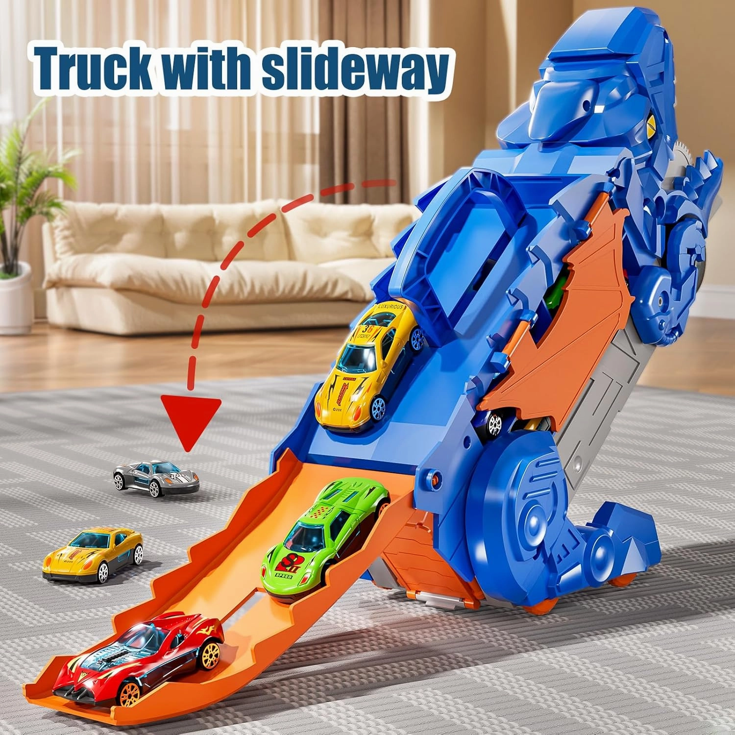 Dinosaur Planet Toddler Truck Toys for 3 4 5 6 Years Old Boys, Cars Track Set Dinosaur Transporter Truck with 10 Die-Cast Car Toys, Transforms into Dino with Wings and Handle for Kids