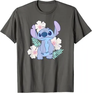 Disney Lilo & Stitch Cute Face Hawaiian Flowers Portrait T-Shirt