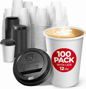 Disposable Coffee Cups with Lids 12 oz (100 Pack) - Paper Coffee Cups for Hot & Cold Drinks, Tea, Hot Chocolate, Water