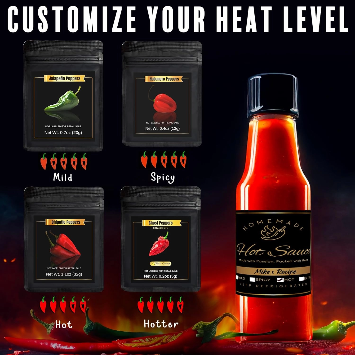 DIY Hot Sauce Making Kit – Gift Set with 4 Types of Peppers, Including Ghost Pepper – Make Your Own Hot Sauce – Great Gift for Dad, Birthday, or Father's Day