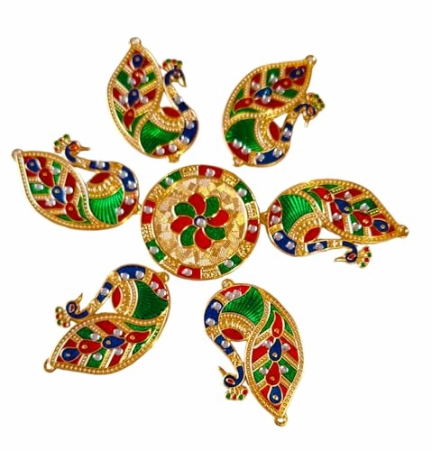 DMS RETAI Metal Peacock Rangoli for Floor/Wall/Table-Rearrangeable Handcrafted Decorative Rangoli for Diwali | Showpiece/Acrylic Rangoli for Pooja Home Office Decoration Diwali 7 PCS 9 INCHES