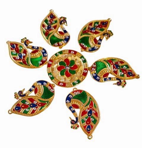 DMS RETAI Metal Peacock Rangoli for Floor/Wall/Table-Rearrangeable Handcrafted Decorative Rangoli for Diwali | Showpiece/Acrylic Rangoli for Pooja Home Office Decoration Diwali 7 PCS 9 INCHES