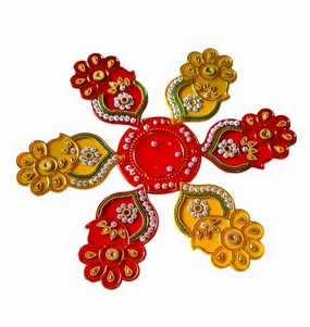 DMS RETAIL Multicolor Handcrafted Kundan Studded Acrylic Pan Rangoli for Floor Decoration Diwali Decoration Items for Home Reusable Rangoli- 7 PCS Table Decoration