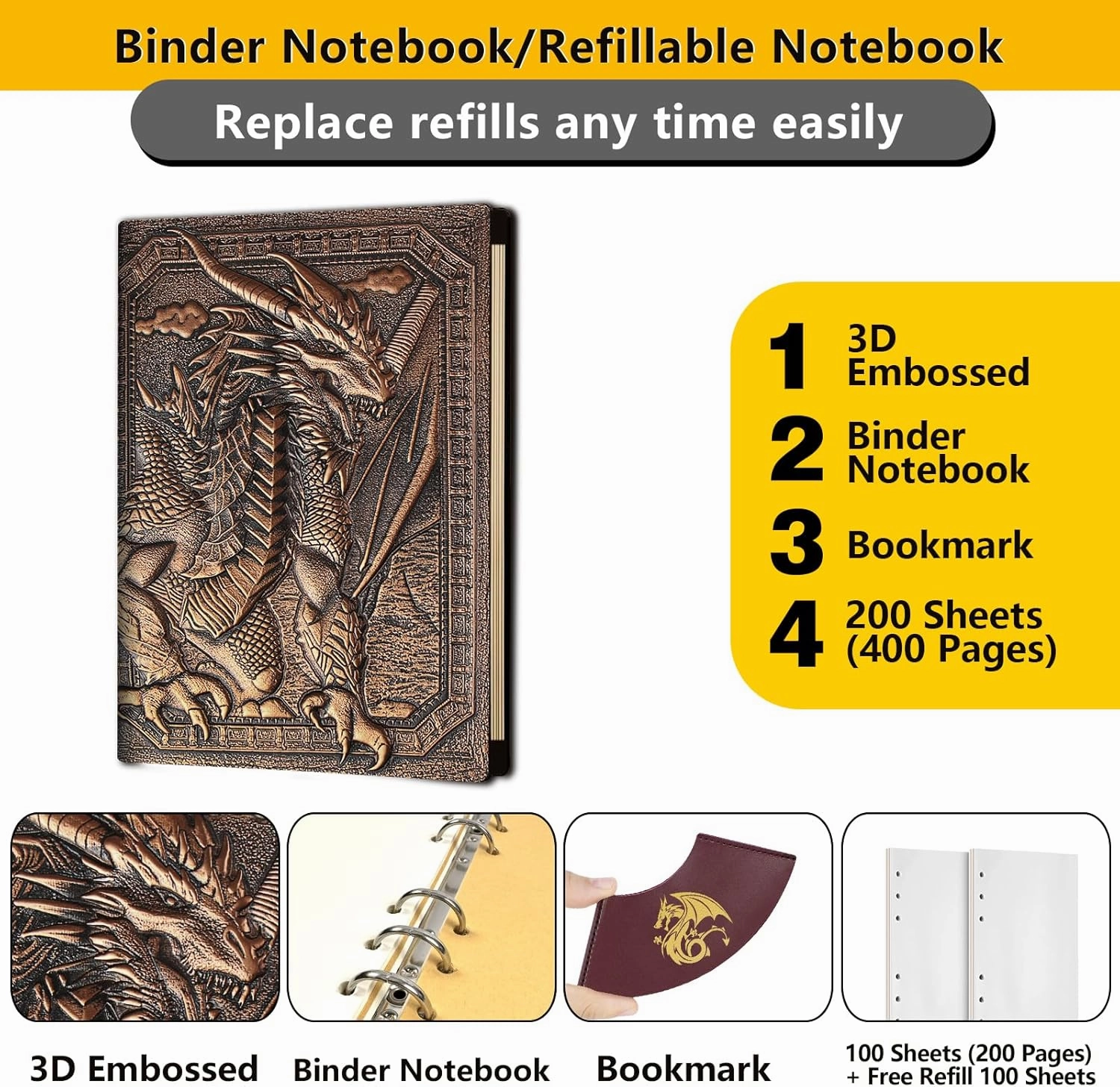 DND Dragon Journal Notebook,Unique 400 Page Book with 3D Embossed Leather Refillable 6-rings binder for Dungeons and Dragons/D&D Gifts Nerdy DM & Players RPG Lovers Accessories