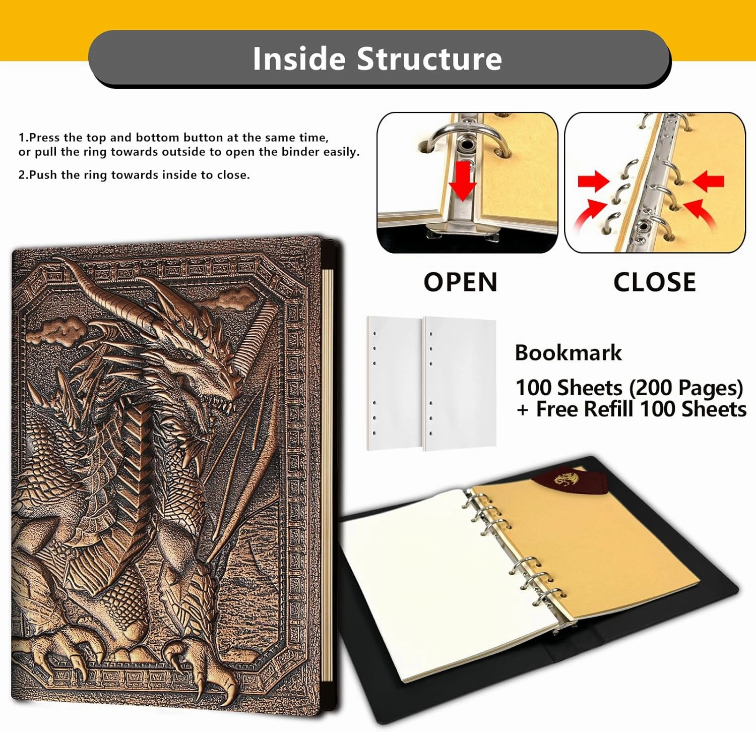 DND Dragon Journal Notebook,Unique 400 Page Book with 3D Embossed Leather Refillable 6-rings binder for Dungeons and Dragons/D&D Gifts Nerdy DM & Players RPG Lovers Accessories