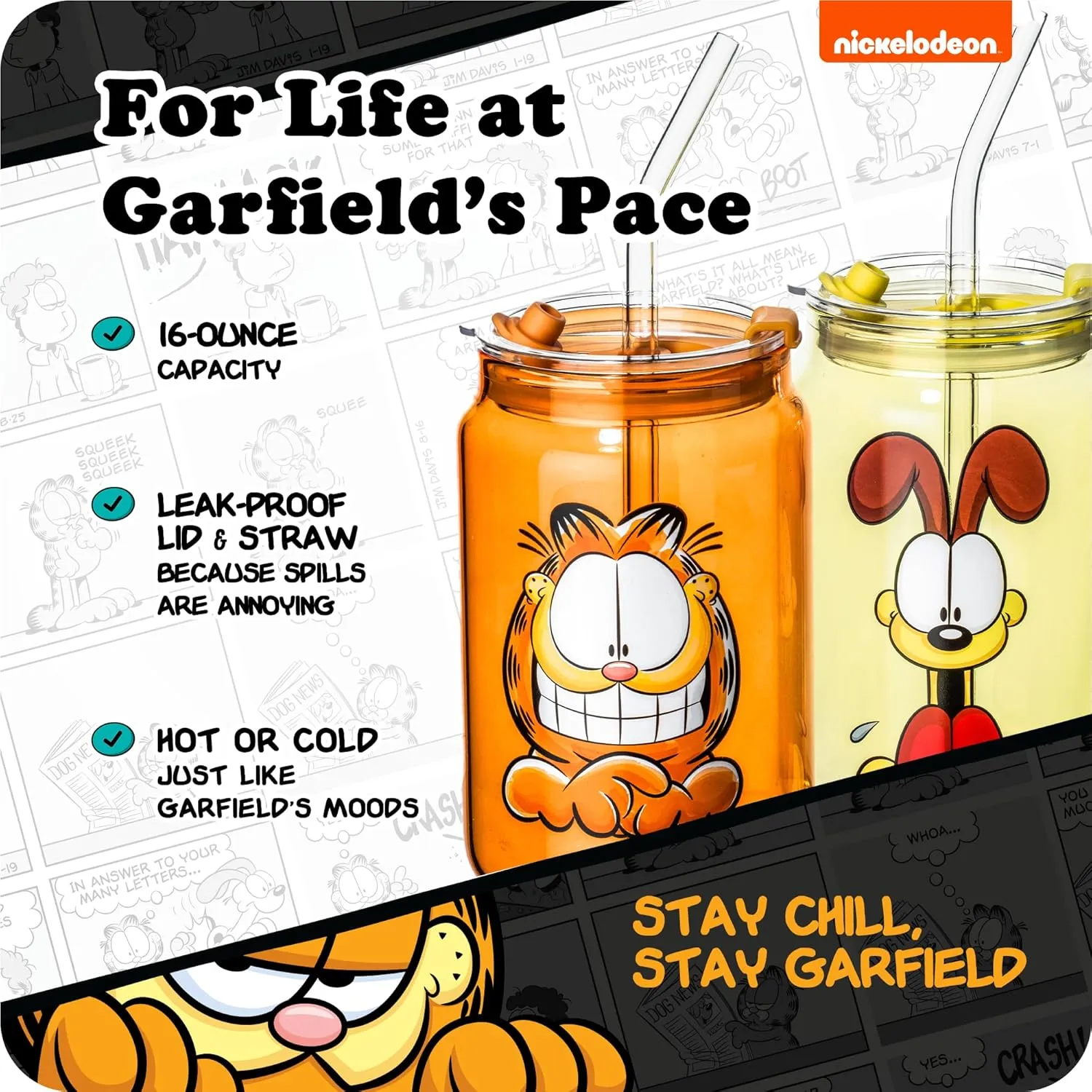 Dragon Glassware x Garfield Drinking Glasses - 16 oz Glass Cups with Lids and Straws Set of 2 - Garfield & Odie Iced Coffee Cups with Lids - Reusable Glass Tumbler with Straw and Lid