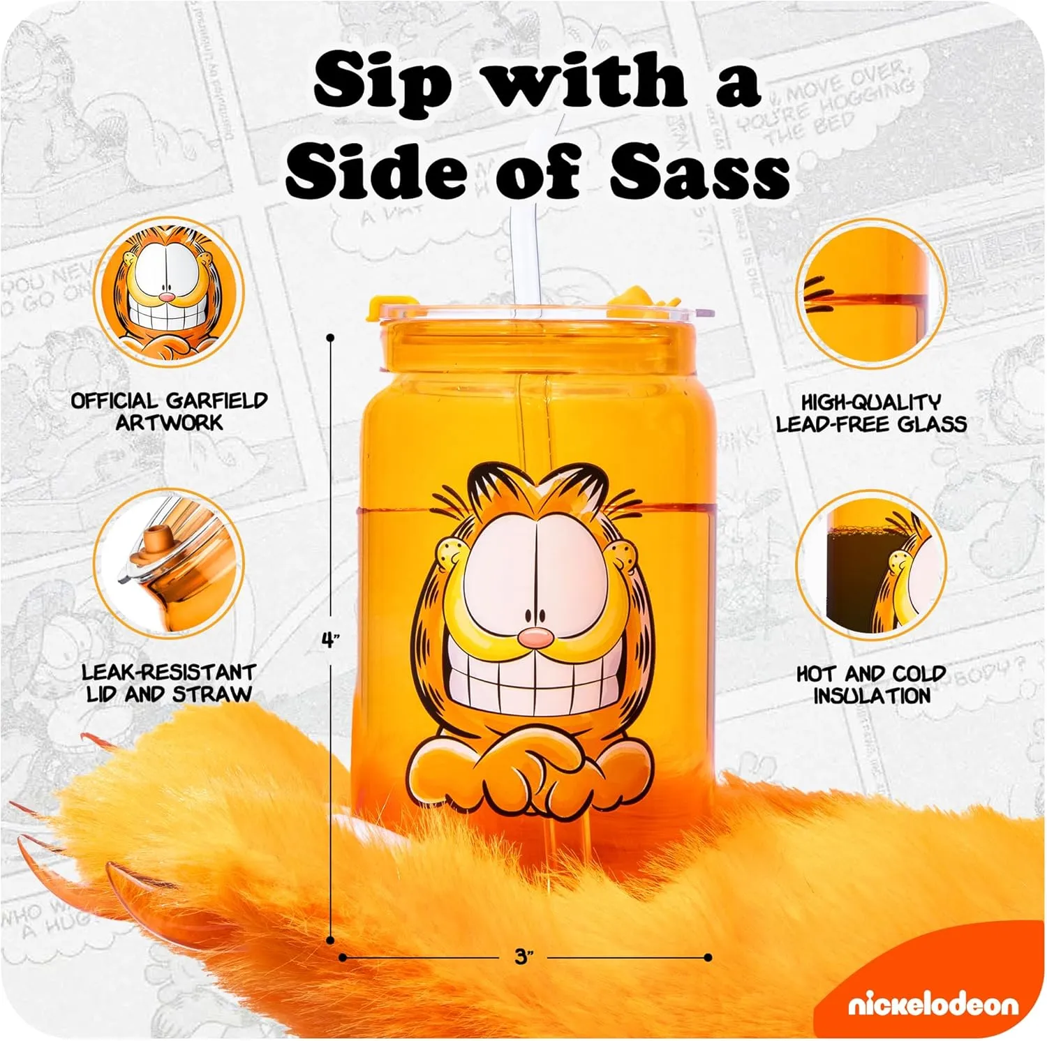 Dragon Glassware x Garfield Drinking Glasses - 16 oz Glass Cups with Lids and Straws Set of 2 - Garfield & Odie Iced Coffee Cups with Lids - Reusable Glass Tumbler with Straw and Lid