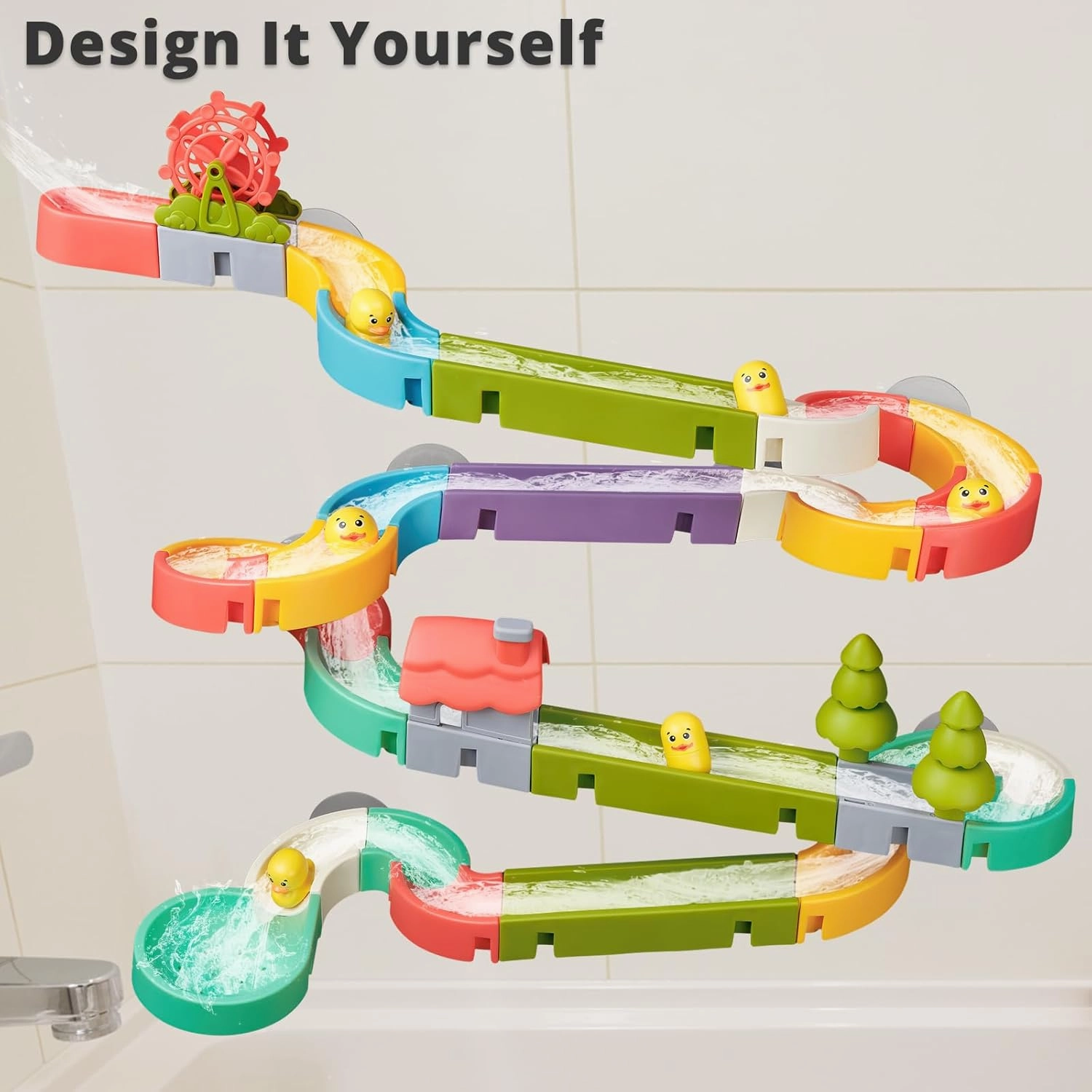 Duck Slide Toys, Bath Toys for Kids Ages 4-8, DIY Building Kit for Ages 5-7, Bathtub Time Birthday Gift for Toddler 3   Year Old (51 PCS)