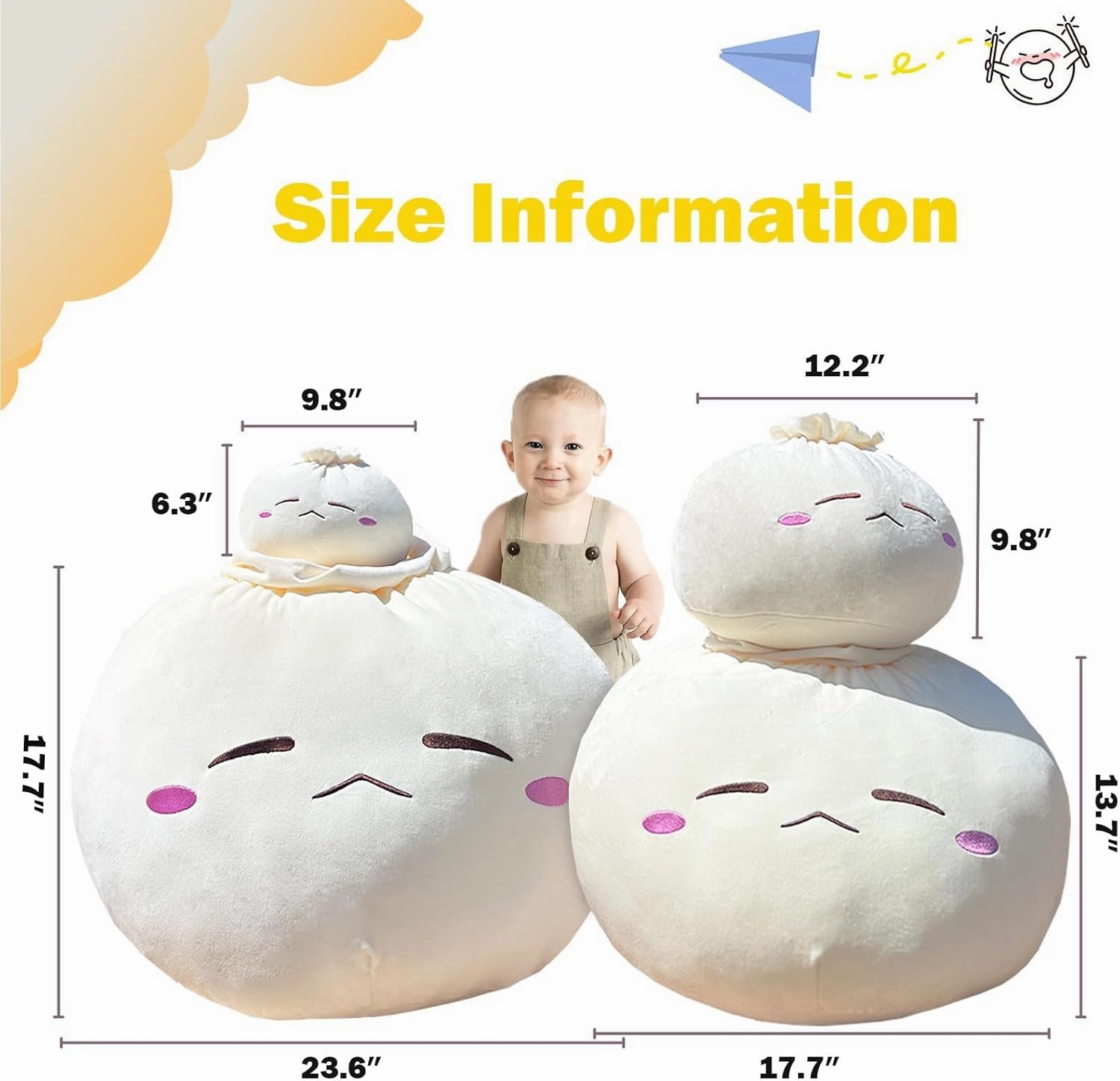 Dumpling Plush Pillow with Cute Features, Stuffed Bun Plush, Funny Food Toy Gifts for Kids Adults(12.2 * 9.8in,Frown)