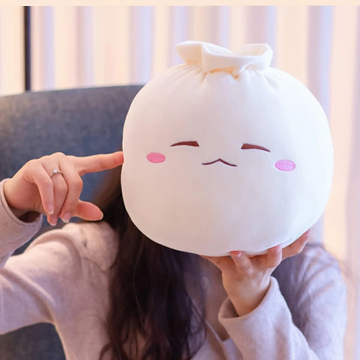 Dumpling Plush Pillow with Cute Features, Stuffed Bun Plush, Funny Food Toy Gifts for Kids Adults(12.2 * 9.8in,Frown)