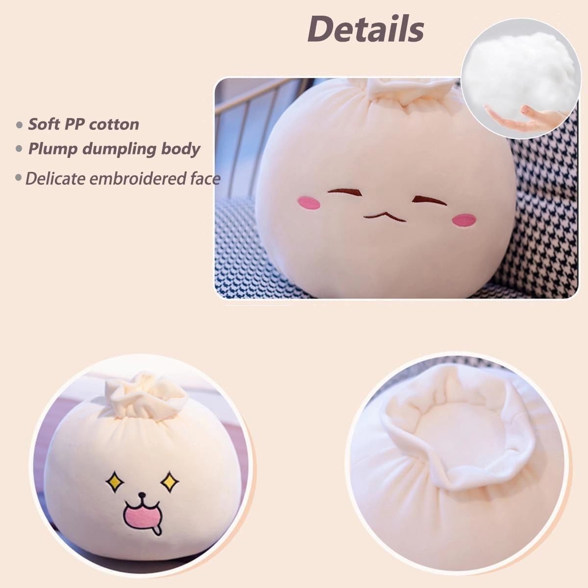 Dumpling Plush Pillow with Cute Features, Stuffed Bun Plush, Funny Food Toy Gifts for Kids Adults(12.2 * 9.8in,Frown)