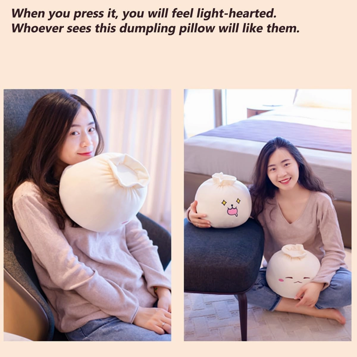Dumpling Plush Pillow with Cute Features, Stuffed Bun Plush, Funny Food Toy Gifts for Kids Adults(12.2 * 9.8in,Frown)