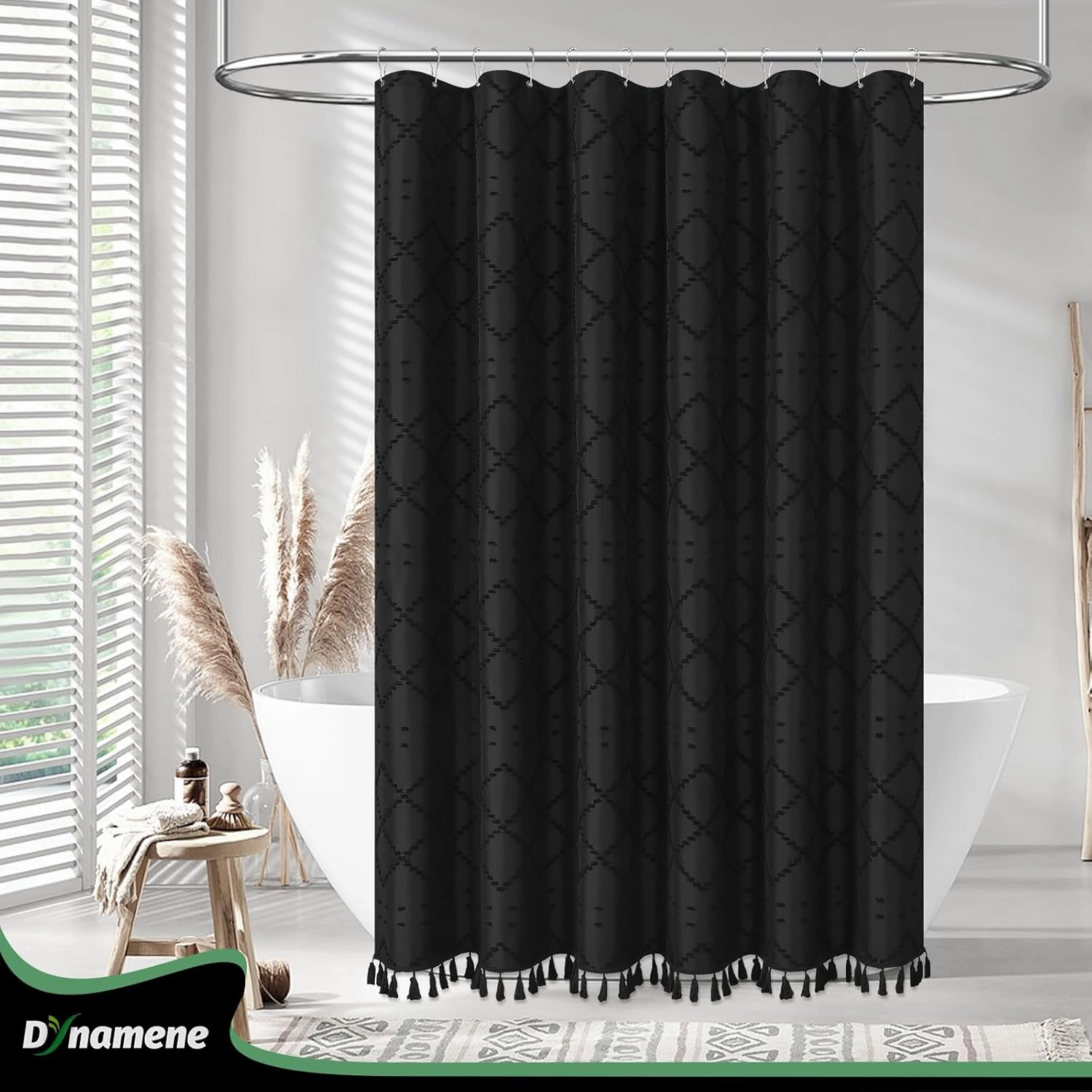 Dynamene Boho Farmhouse Shower Curtain, Black Fabric Chenille Tufted Geometric Striped Textured Cloth Tassel Shower Curtains for Bathroom, Minimalist Shabby Chic Shower Curtain Set 12 Hooks, 72x72