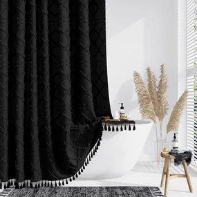 Dynamene Boho Farmhouse Shower Curtain, Black Fabric Chenille Tufted Geometric Striped Textured Cloth Tassel Shower Curtains for Bathroom, Minimalist Shabby Chic Shower Curtain Set 12 Hooks, 72x72