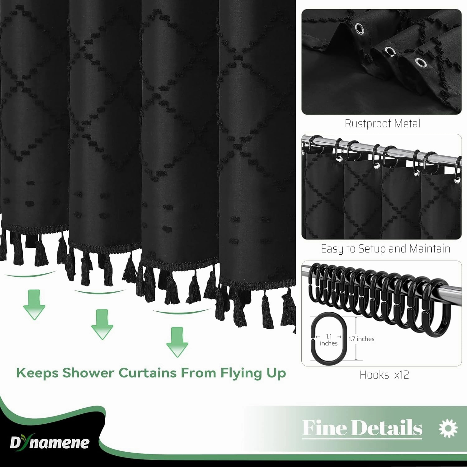 Dynamene Boho Farmhouse Shower Curtain, Black Fabric Chenille Tufted Geometric Striped Textured Cloth Tassel Shower Curtains for Bathroom, Minimalist Shabby Chic Shower Curtain Set 12 Hooks, 72x72