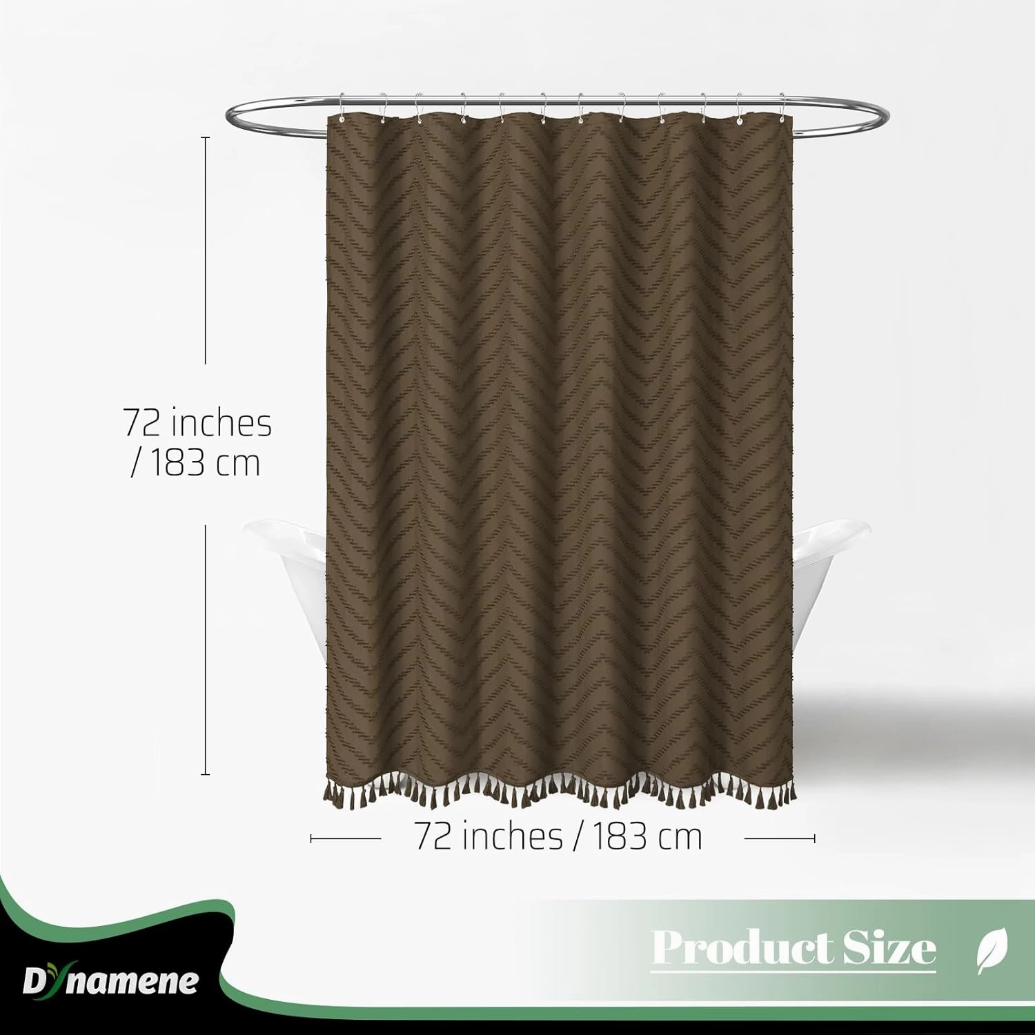 Dynamene Boho Farmhouse Shower Curtain, Brown Fabric Tufted Chevron Striped Textured Tassel Shower Curtains for Bathroom, Shabby Chic Waterproof Cloth Shower Curtain Set with Hooks, 72x72