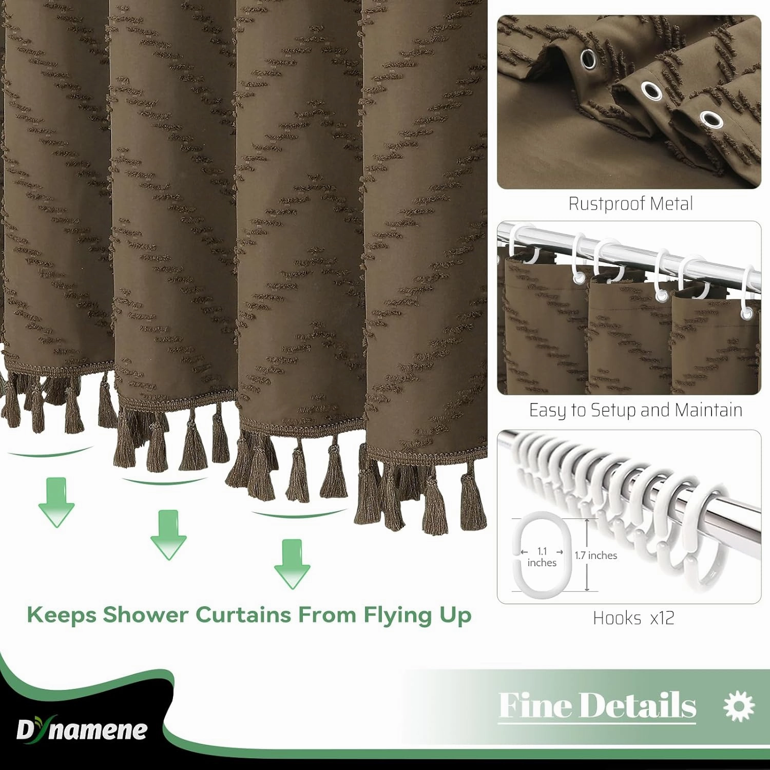 Dynamene Boho Farmhouse Shower Curtain, Brown Fabric Tufted Chevron Striped Textured Tassel Shower Curtains for Bathroom, Shabby Chic Waterproof Cloth Shower Curtain Set with Hooks, 72x72