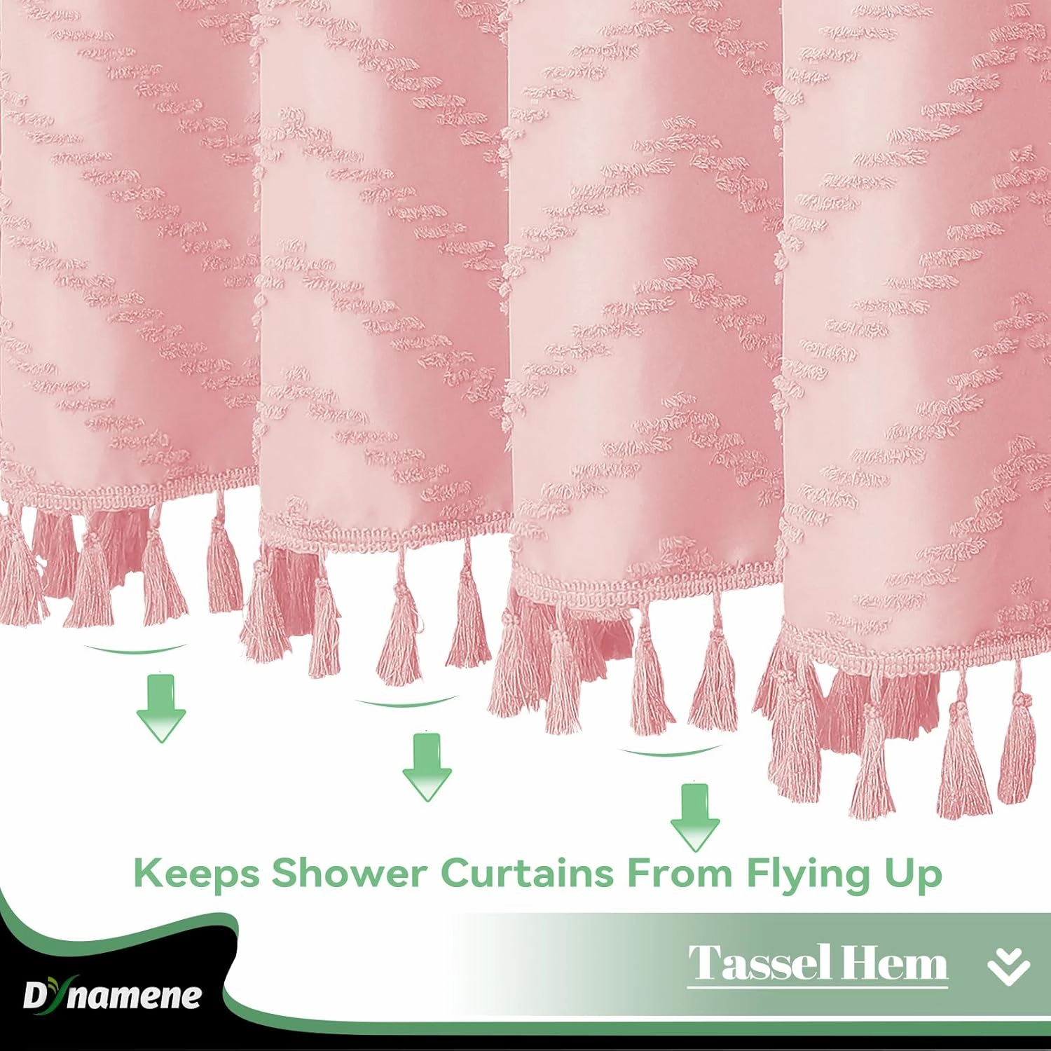 Dynamene Boho Farmhouse Shower Curtain, Pink Fabric Tufted Chevron Striped Textured Tassel Shower Curtains for Bathroom, Water Repellent, Minimalist Ruffled Cloth Shower Curtain Set with Hook, 72x72