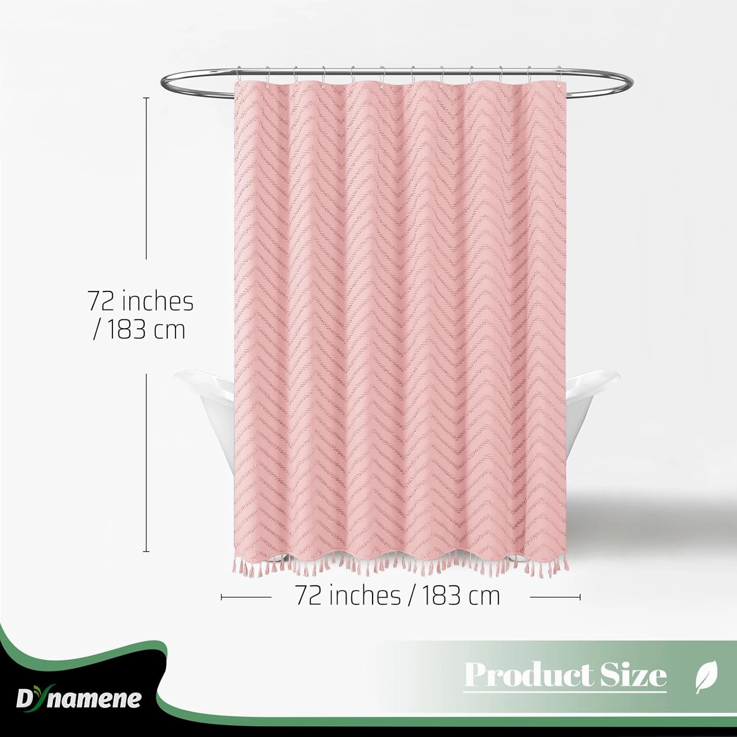 Dynamene Boho Farmhouse Shower Curtain, Pink Fabric Tufted Chevron Striped Textured Tassel Shower Curtains for Bathroom, Water Repellent, Minimalist Ruffled Cloth Shower Curtain Set with Hook, 72x72