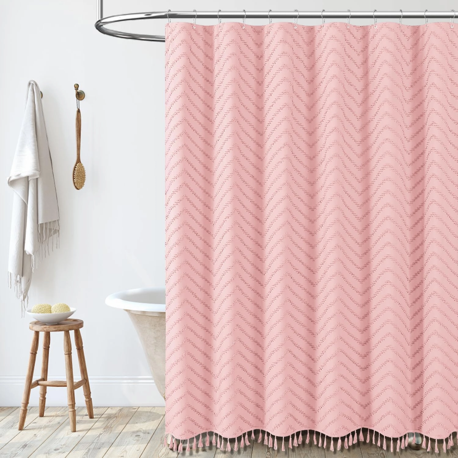Dynamene Boho Farmhouse Shower Curtain, Pink Fabric Tufted Chevron Striped Textured Tassel Shower Curtains for Bathroom, Water Repellent, Minimalist Ruffled Cloth Shower Curtain Set with Hook, 72x72