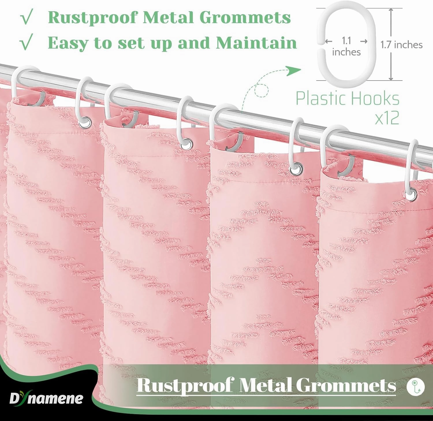 Dynamene Boho Farmhouse Shower Curtain, Pink Fabric Tufted Chevron Striped Textured Tassel Shower Curtains for Bathroom, Water Repellent, Minimalist Ruffled Cloth Shower Curtain Set with Hook, 72x72