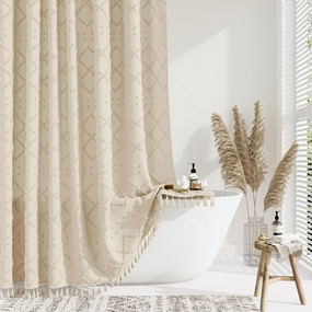 Dynamene Stall Fabric Shower Curtain, 36x72 inch Half Boho Tufted Geometric Striped Small Cloth Shower Curtains for Bathroom, Narrow Thick Waterproof Polyester Shower Curtain Set with 6 Hooks, Beige