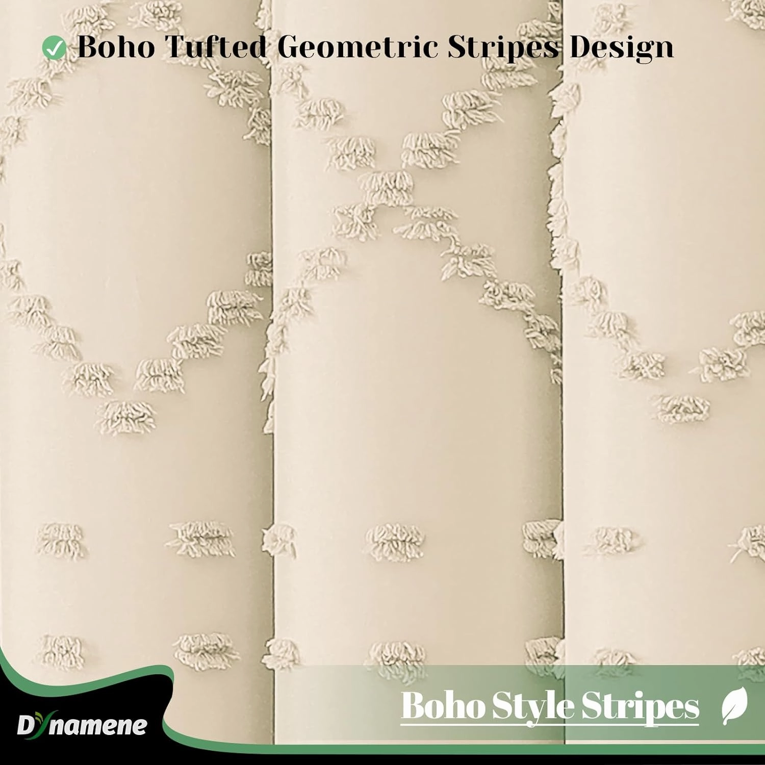 Dynamene Stall Fabric Shower Curtain, 36x72 inch Half Boho Tufted Geometric Striped Small Cloth Shower Curtains for Bathroom, Narrow Thick Waterproof Polyester Shower Curtain Set with 6 Hooks, Beige