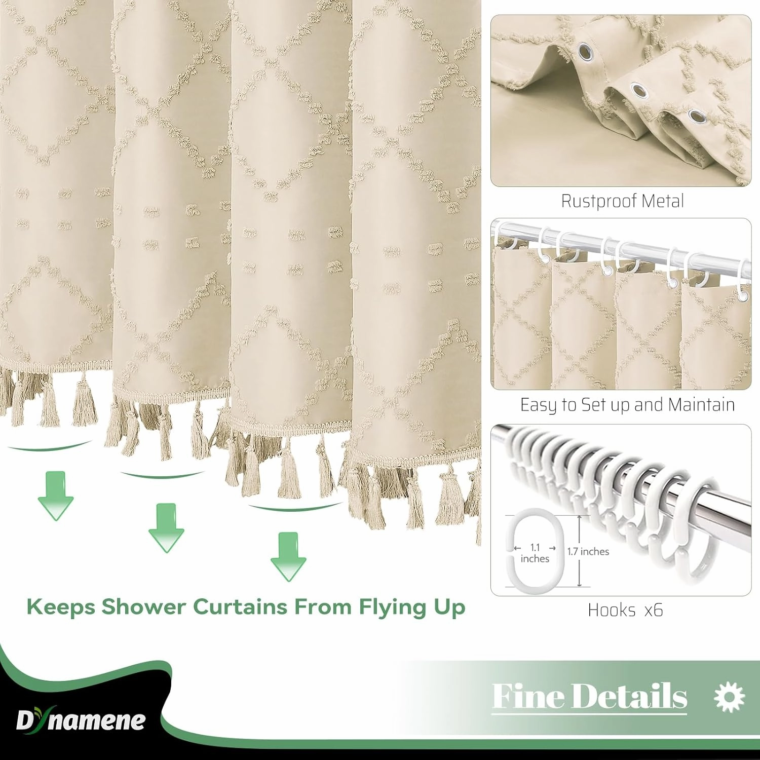 Dynamene Stall Fabric Shower Curtain, 36x72 inch Half Boho Tufted Geometric Striped Small Cloth Shower Curtains for Bathroom, Narrow Thick Waterproof Polyester Shower Curtain Set with 6 Hooks, Beige
