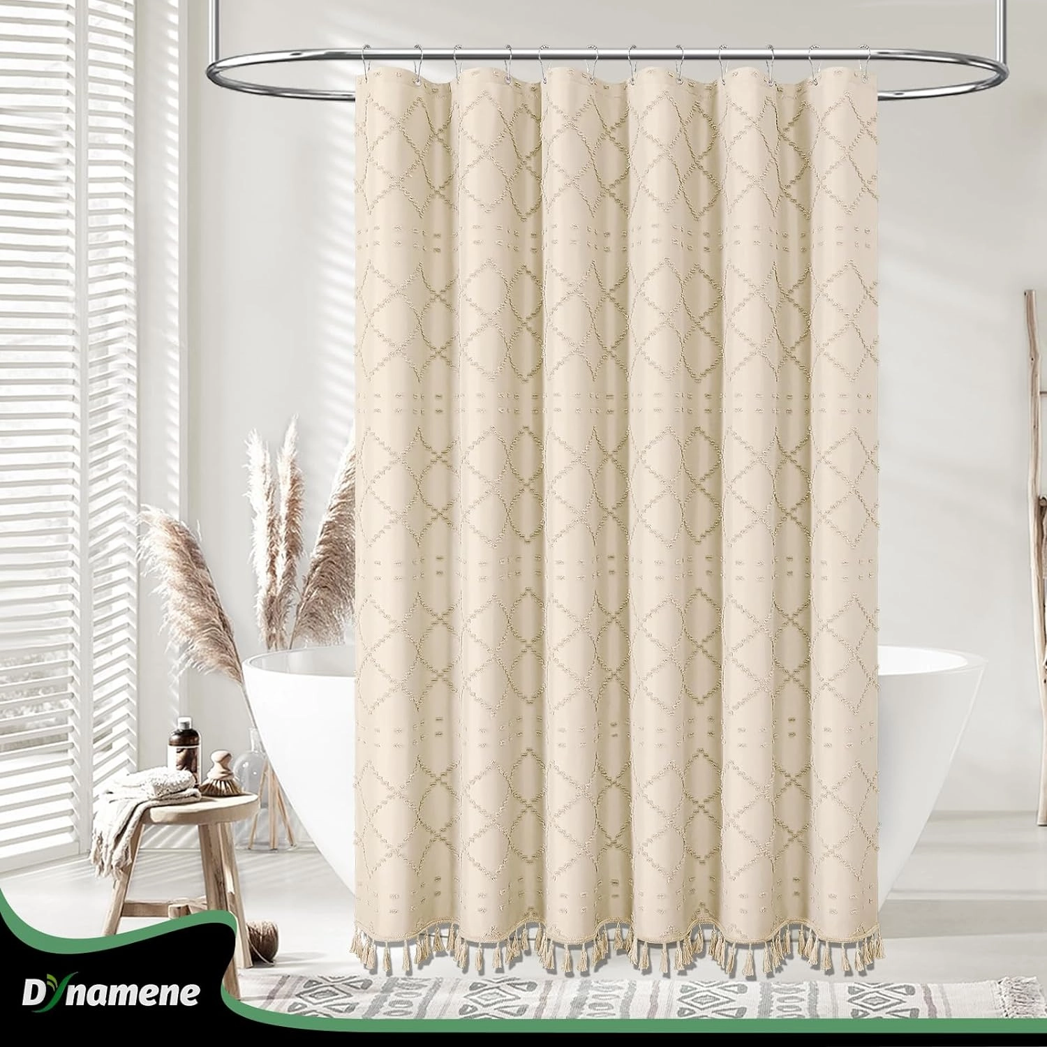 Dynamene Stall Fabric Shower Curtain, 36x72 inch Half Boho Tufted Geometric Striped Small Cloth Shower Curtains for Bathroom, Narrow Thick Waterproof Polyester Shower Curtain Set with 6 Hooks, Beige